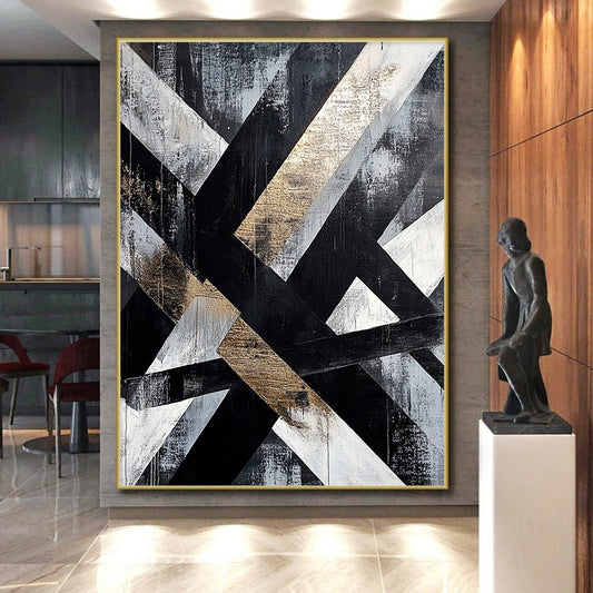 Gray, Black, White, Gold, Intertwined Stripes "Gilded Weave" Abstract Modernist Painting On Canvas HB078