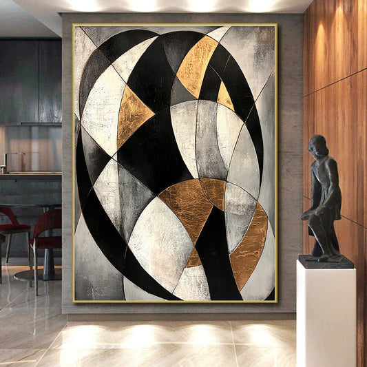 Gray, Black, White, Gold, Curved Geometry "Celestial Arc" Abstract Cosmic - Inspired Painting On Canvas HB079