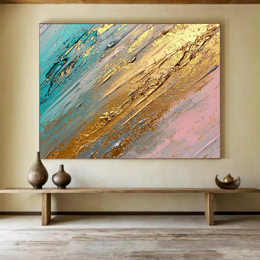 “Teal and Gold Textures” - Teal, Gold, Gray, Pink, Layered Textures - Abstract Impasto Acrylic Painting HB1548