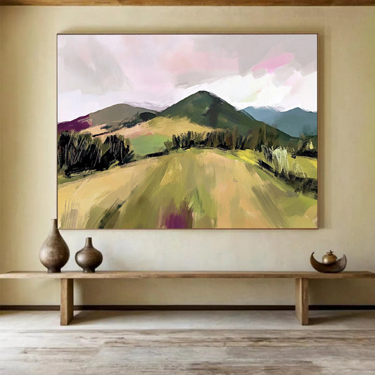 “Expressive Color - Blocked Hills” - Green, Pink, Purple, Abstracted Nature Scene - Gouache Painting HB1658