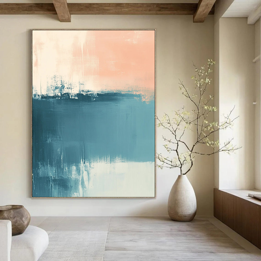 Contemporary hand-painted abstract art featuring muted blue and peach tones with soft brush strokes and a calming sea-inspired atmosphere. DLZ0554