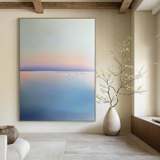 Contemporary hand-painted abstract artwork featuring a light blue and purple sky, birds, calm horizon, and serene beach in a minimalist style. DLZ0648