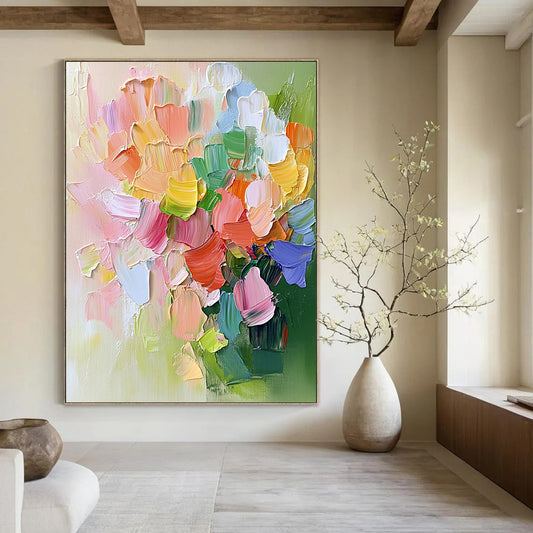 Contemporary abstract artwork featuring a vibrant pink flower bouquet with green leaves and delicate accents in a cheerful pastel palette. DLZ0480