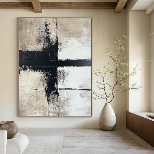 Large contemporary hand-painted abstract art featuring bold brushstrokes on a beige background with high contrast and a minimalist style creating strong visual impact. DLZ0507