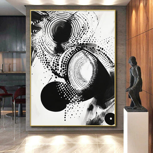 Black Circles, Dots & Curves on White - “Cosmic Ink Patterns” Painting On Canvas HB222