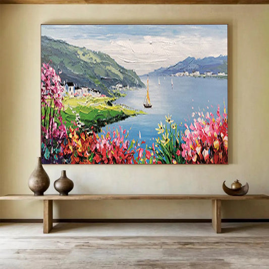 Lakeside Village with Sailboat - Romantic Living Room or Bedroom Art DLZ209