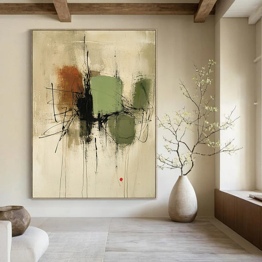 Large contemporary hand-painted abstract artwork featuring green and brown shapes on a beige background with black lines and a small red accent. DLZ1333