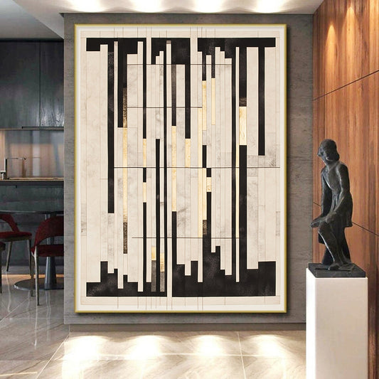 Black, White, Gray, Gold, Vertical Rectangles "Gilded Grid Symphony" Abstract Constructivist - Inspired Painting On Canvas HB121