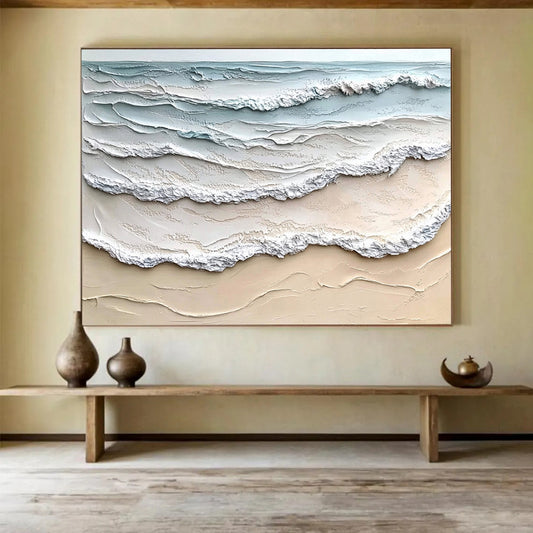 Layered Sea Waves in Blue and Beige - Impasto Ocean Scene Painting On Canvas HB0427