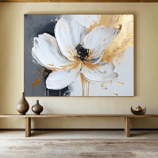 “Gilded White Flower” - White Petals, Gold Accents, Black Center, Textured Floral Painting On Canvas HB1103