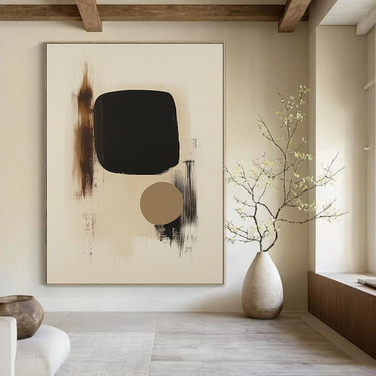 Large contemporary hand-painted abstract art featuring black shapes on beige background with a small brown form and organic brushstroke textures. DLZ1331