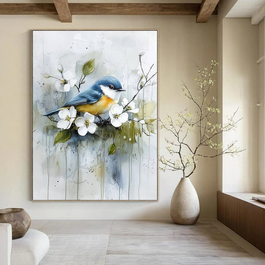 Contemporary abstract art featuring a blue and yellow bird on a branch among white flowers and green leaves with soft watercolor effects. DLZ1122
