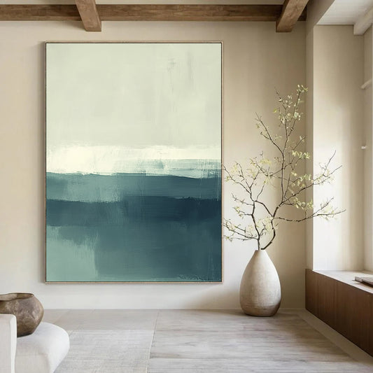 Contemporary hand-painted abstract artwork of the sea featuring soft muted teal and green tones with white accents. Perfect for modern spaces. DLZ0431