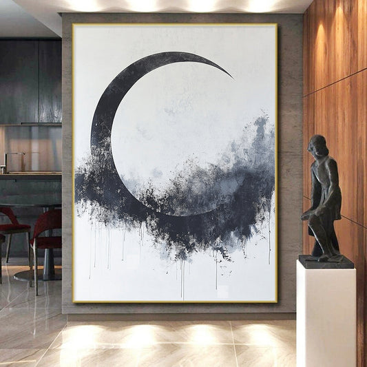 Black, White, Gray, Textured Crescent "Midnight Moon" Abstract Expressionist Painting On Canvas HB092