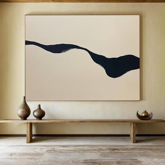 “Irregular Black Stream on Beige” - Black, Beige, Wavy Irregular Form - Abstract Acrylic Painting HB1667