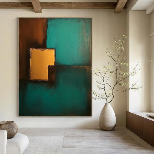 Contemporary hand-painted abstract art featuring teal and brown colors with simple shapes and low contrast for a soothing aesthetic. DLZ1065