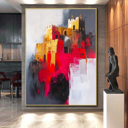 Gold, Red, Gray, White, Abstract Castle "Gilded Fortress" Abstract Impressionist Painting On Canvas HB144