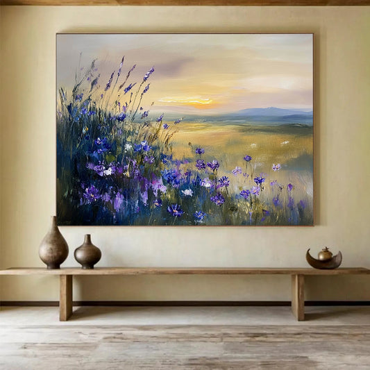 “Purple Wildflower Sunset” - Purple, Yellow, Blue, Wildflowers and Sunset Landscape Painting On Canvas HB0946