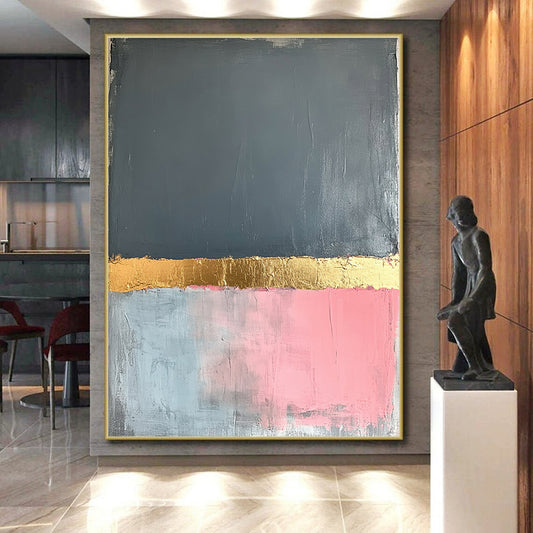 Gray, Gold, Pink, Blue, Horizontal Layers "Gilded Color Divide" Abstract Hard - Edge Painting On Canvas HB165