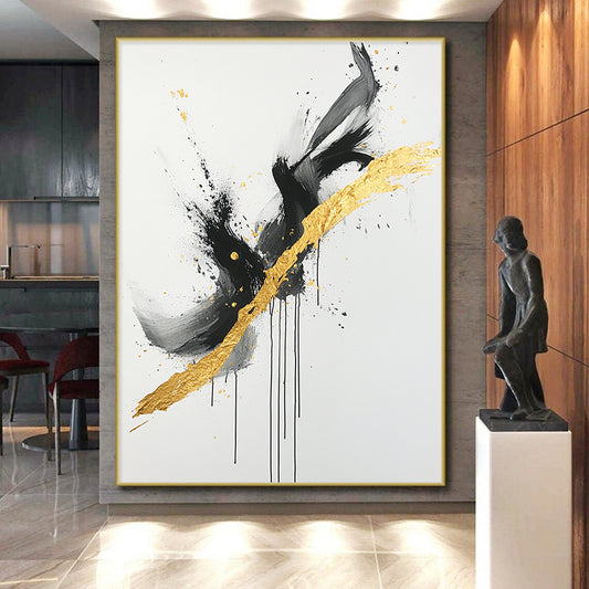 Black, White, Gold, Gray, Intertwined Swirls "Gilded Entanglement" Abstract Expressionist Painting On Canvas HB096