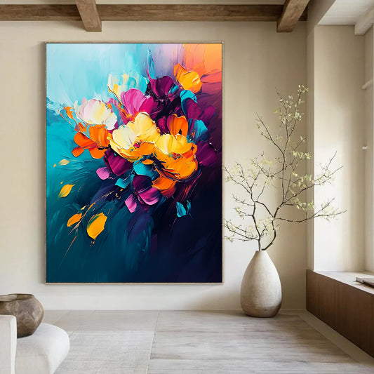 Large contemporary abstract painting featuring vibrant flowers on dark blue background with orange and pink accents soft brush strokes create energetic modern art style. DLZ0619