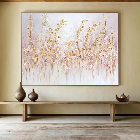 “Elegant Blush & Gold Meadows” - Pink, Gold, White, Delicate Wildflower Fields Painting On Canvas HB1017