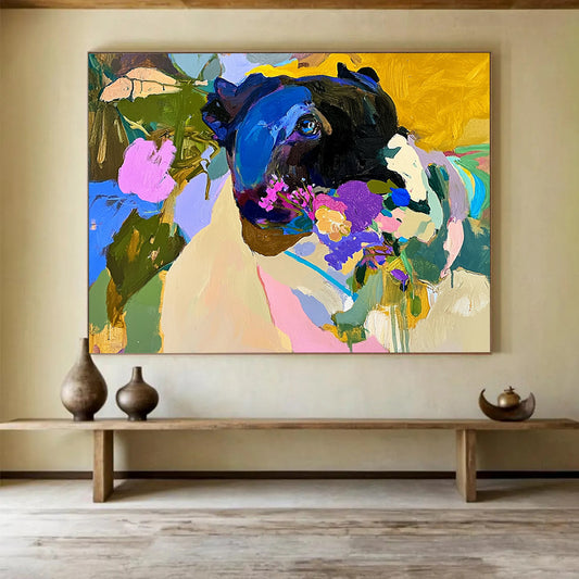 “Colorful Dog with Flowers” - Black dog, colorful flowers, vibrant background, Expressive Animal Painting On Canvas HB0600