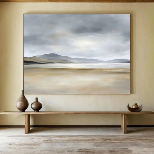 “Misty Coastal Landscape” - Gray, Beige, Minimalist Coastal Painting On Canvas HB0699