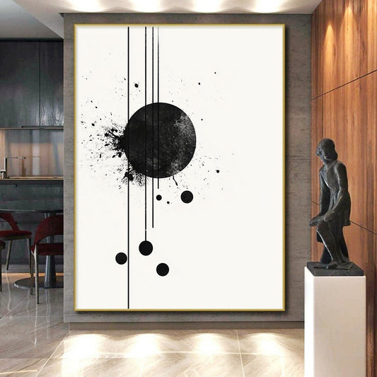 Black Circle with Splatter & Lines - “Elegant Ink Fusion” Painting On Canvas HB238