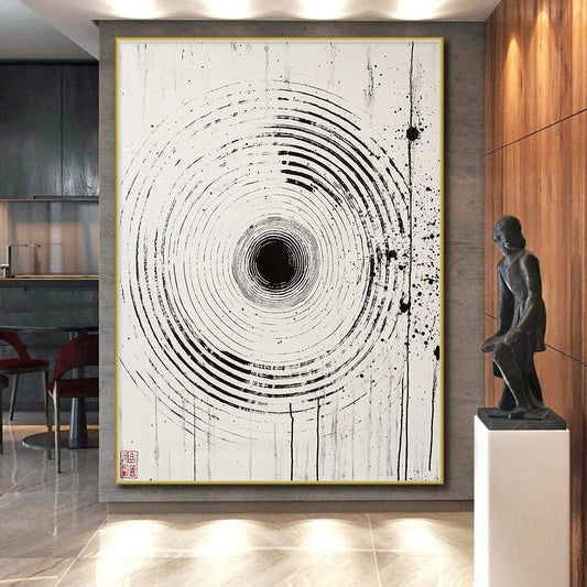 Black Rings with Splashes - “Ink - Wash Universe Rings” Painting On Canvas HB188