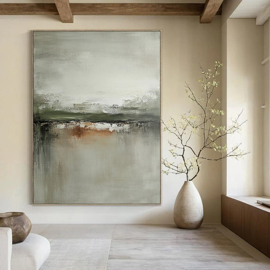 Large contemporary hand-painted abstract art featuring neutral tones grays and sage green with distressed edges on canvas. DLZ0439