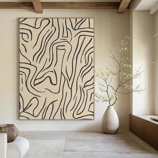 Contemporary abstract artwork featuring beige lines and shapes on a grey background, inspired by Matisse in elegant black ink. DLZ1072