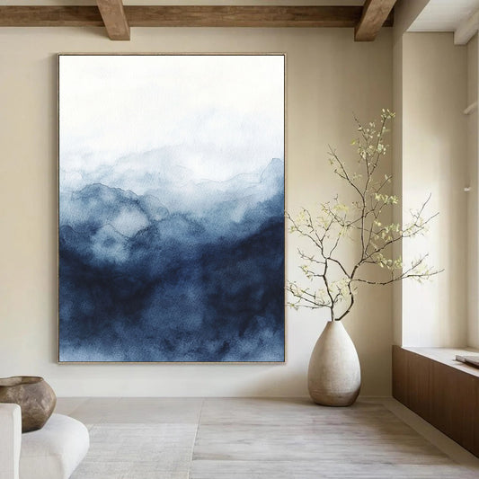 Contemporary abstract watercolor art featuring a stormy sky in dark blue and gray hues on a white background, evoking depth and mystery. DLZ0812
