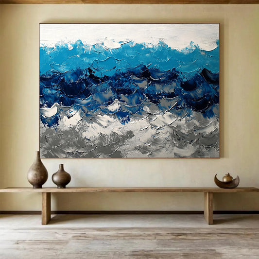 “Bold Blue Wave Textures” - Blue, White, Gray, Bold Wave Textures Painting On Canvas HB0975