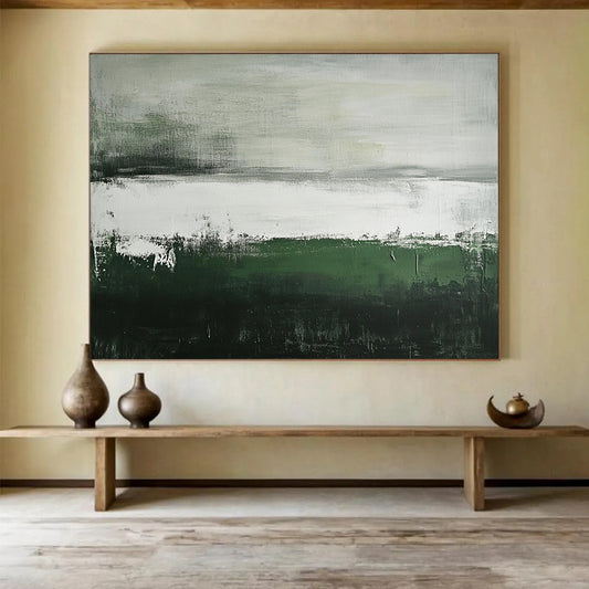 “Green and Gray Abstract Landscape” - Green, gray, white; Abstract landscape with green and gray; Acrylic Painting On Canvas HB1254