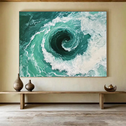 “Turquoise Vortex of the Sea” - Turquoises, Whites, Greens, Ocean Vortex - Realistic Oil Painting HB1559