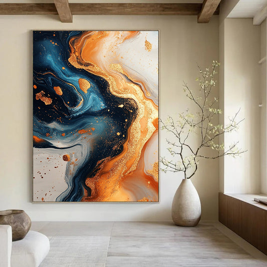 Contemporary hand-painted abstract artwork showcasing swirling gold and navy blue with marble textures and glitter. Perfect for modern decor. DLZ0848