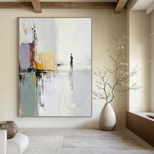 Large contemporary hand-painted abstract artwork featuring a woman by the water with soft tones and impressionist brushstrokes for a serene atmosphere. DLZ1397