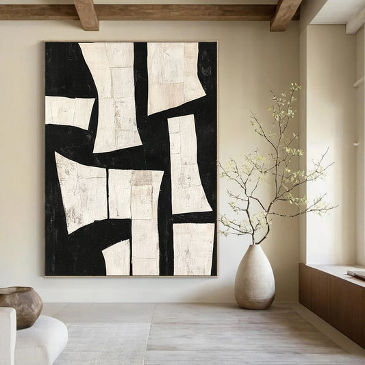 Contemporary hand-painted abstract art featuring deconstructed minimalist shapes and torn paper collage in dynamic white on black. DLZ0303
