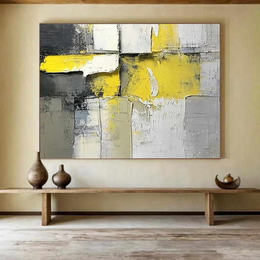 “Geometric Energy” - Yellow, Gray, White, Textured Cubes Painting On Canvas HB1037