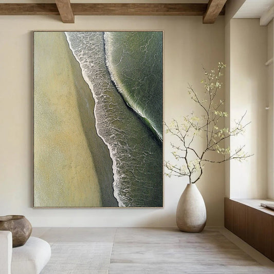 Contemporary abstract art captures the essence of a beach with photorealistic details of sand and waves in stunning green-gray tones. DLZ1528