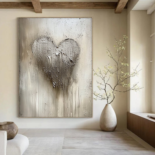 Contemporary abstract painting featuring textured silver and white patterns with a central heart shape, capturing winter's beauty in shimmering details and a cool palette. DLZ0531