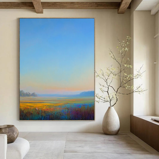 Contemporary hand-painted abstract artwork captures tranquil morning light over a serene landscape with soft hues of blue green pink and yellow. DLZ1488