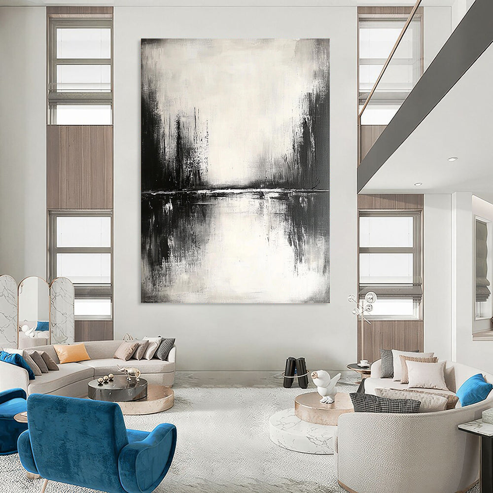 Contemporary abstract painting featuring tranquil reflections on water with muted tones and soft edges creating a serene atmosphere. DLZ0308