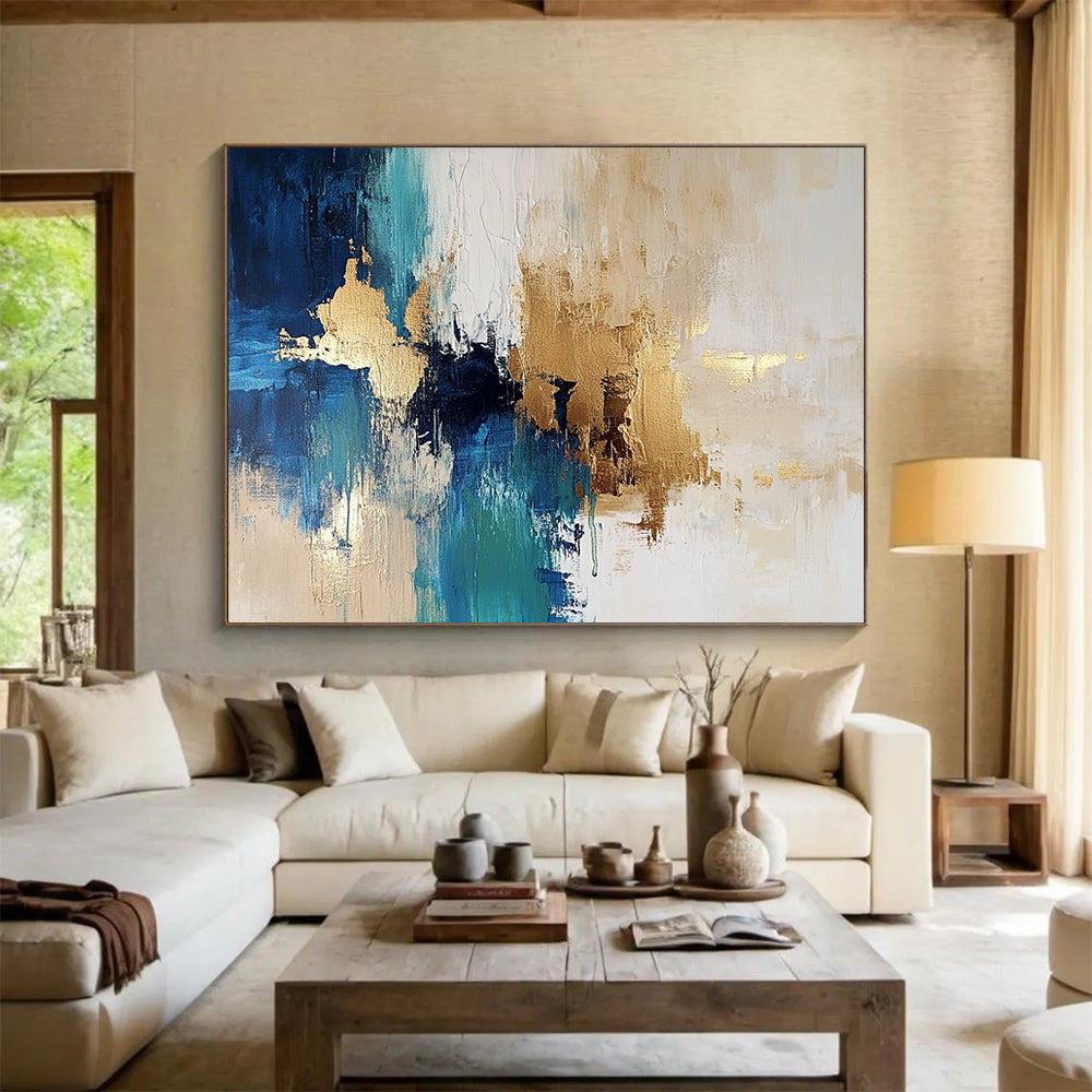 “Blue and Gold Abstract Fusion” - Blue, Gold, White, Abstract Color Fusion Painting On Canvas HB0968