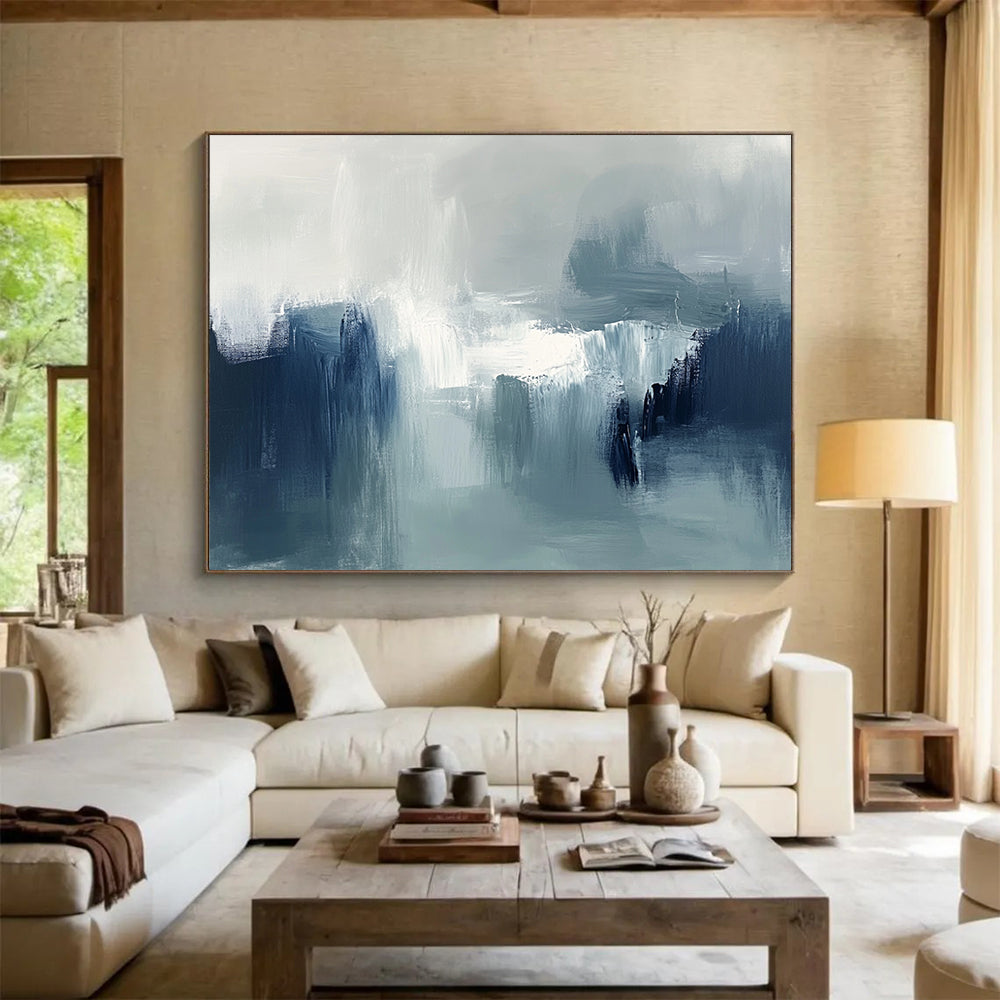 “Muted Tonal Abstract Landscape” - Shades of gray, blue, white; Abstract landscape with soft brushstrokes; Oil Painting On Canvas HB1237
