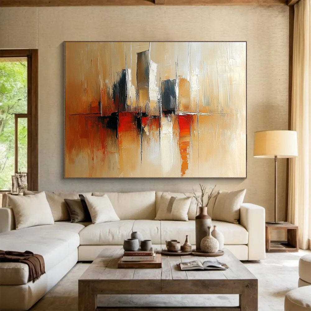 “City Silhouette in Warm Tones” - Beige, Brown, Red, Abstract Cityscape Painting On Canvas HB0966