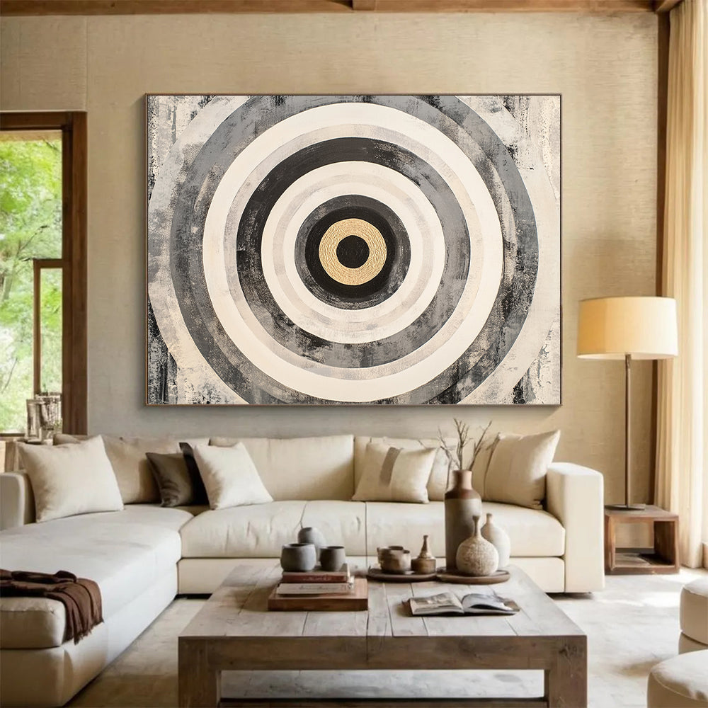 Black, White, Gray and Gold Concentric Circles "Subtle Vortex" Painting On Canvas HB382