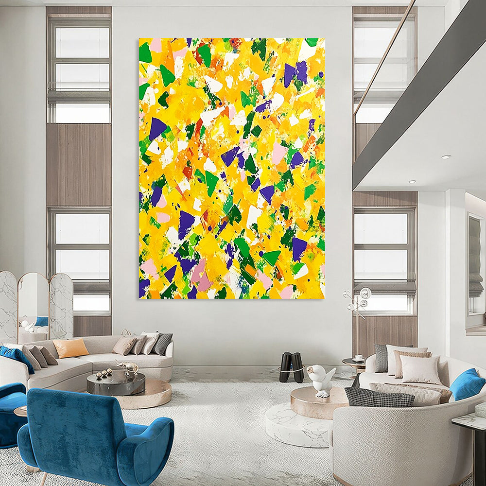 Contemporary hand-painted abstract artwork featuring vibrant yellow and green with purple accents, dynamic shapes, and energetic brushstrokes for a joyful atmosphere. DLZ1505