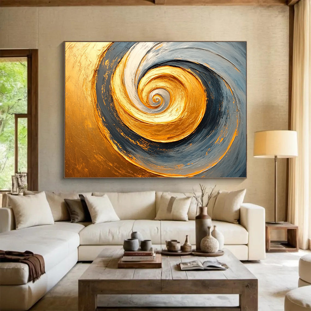 “Golden Spiral Abstract” - Gold, Gray, Spiral Abstract Oil Painting On Canvas HB0723